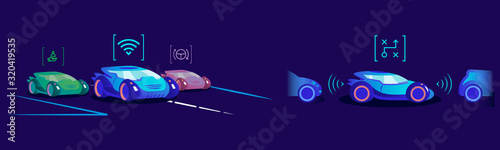 Smart driverless cars flat color vector illustration. Vehicles with different automation levels and driver assistance function on blue background. Automobiles with intelligent control systems