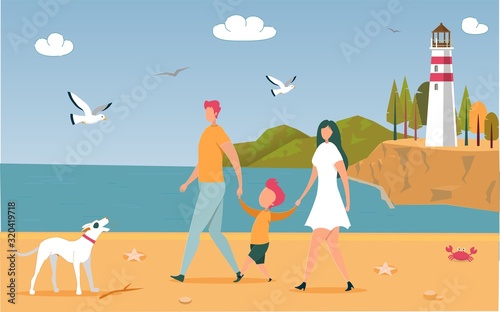 Happy Family Walking Outdoors along Ocean Beach