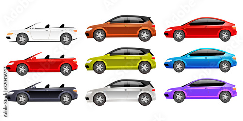 Cars flat color vector objects set. Different personal transport 2D isolated cartoon illustrations on white background. Luxurious cabriolet, family hatchback and modern sedan in various colors
