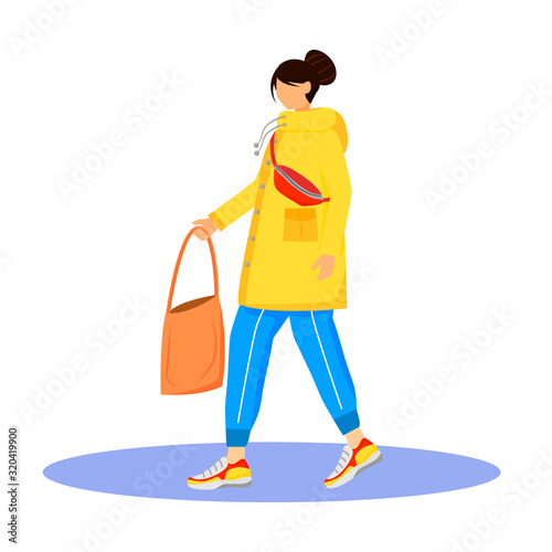 Woman in raincoat flat color vector faceless character. Walking caucasian lady in sweatpants and sneakers. Wet weather. Female with bag in hand isolated cartoon illustration on white background