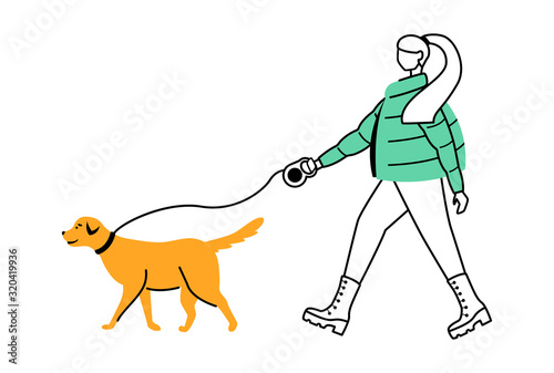 Woman in coat flat contour vector illustration. Rainy day. Wet weather. Lady waking dog in rain isolated cartoon outline character on white background. Stylish female in boots simple drawing