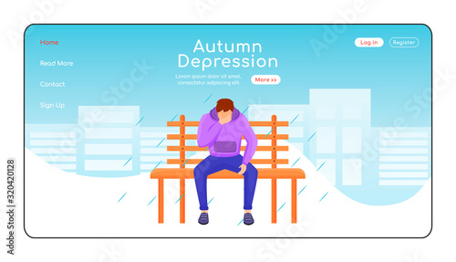 Autumn depression landing page flat color vector template. Seasonal melancholy homepage layout. Depressed guy in sweatshirt one page website interface with cartoon character. Wet weather web banner