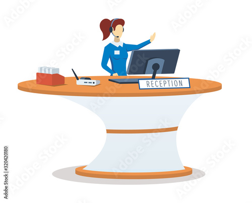 Woman at reception desk semi flat RGB color vector illustration. Hotel lobby. Office manager. Faceless female receptionist, administrator. Isolated cartoon character on white background