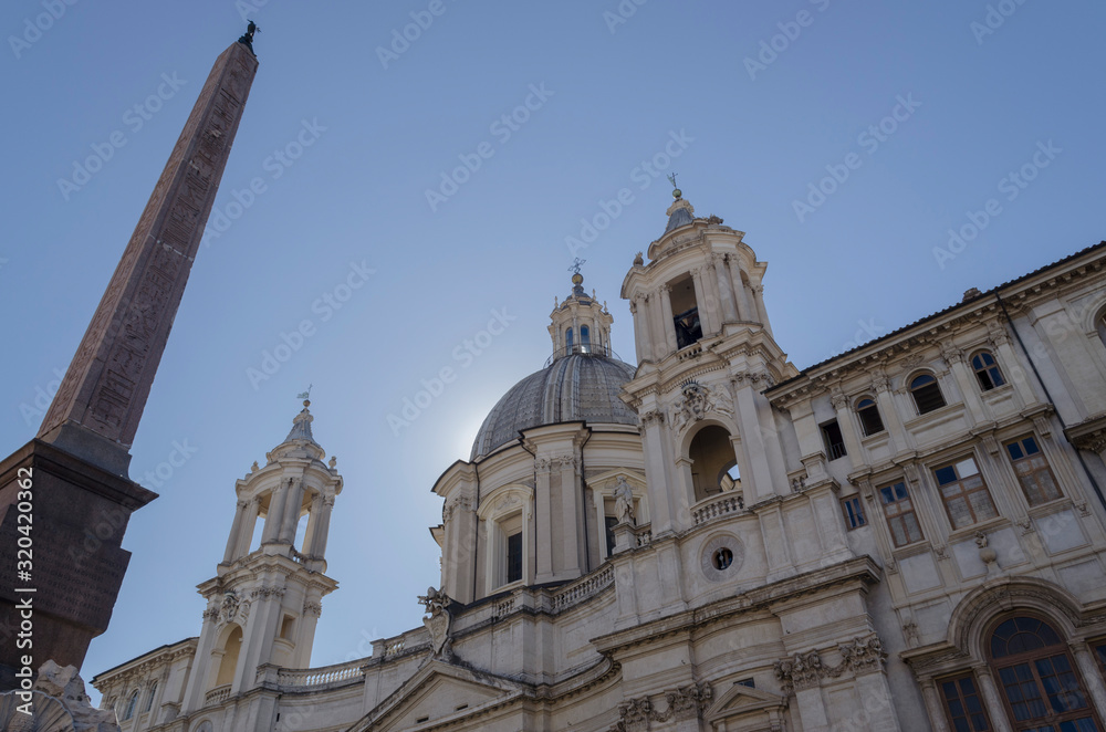 Rome, Italy, September 27th, 2018: Piazza Navona, Sant 'Agnese Church and the Dominican Obelisc ofthe Fountain of the 4 Rivers.