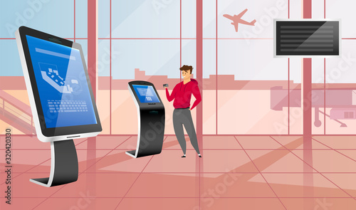 Happy man using bank terminal flat color vector illustration. Tourist near flight check in kiosk. Interactive digital machines in airport. Freestanding constructions with sensor displays