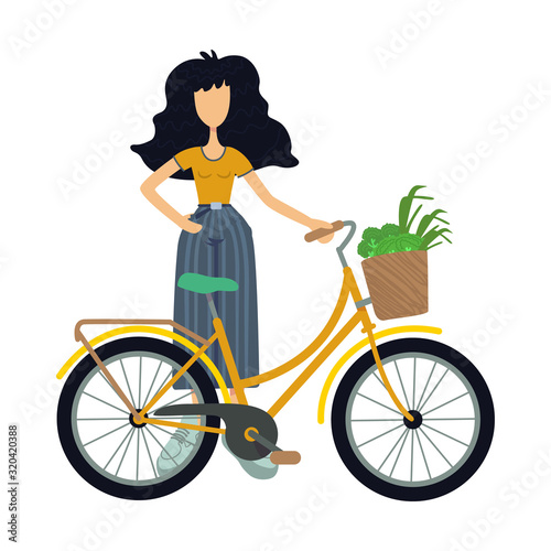 Zero waste flat cartoon vector illustration. Standing woman in casual wear. Eco transport. Cycling. Ready to use 2d character template for commercial, animation, printing design. Isolated comic hero