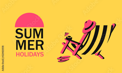 Deckchair with beach hat and coconut cocktail and text summer holidays. Concept vacation and travel with beach chair