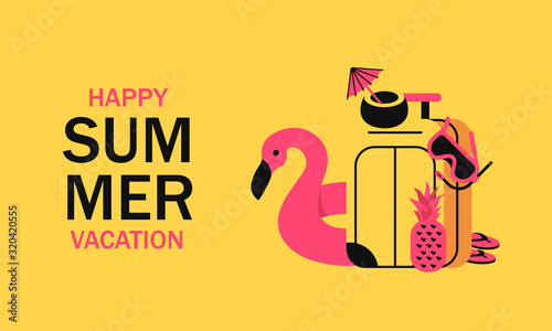 Summer vacation with travel suitcase, inflatable pink flamingo, diving mask, coconut cocktail and pineapple. Concept traveling and vacation minimalistic style with vibrant colors