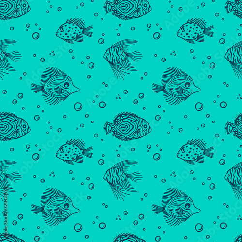 Seamless pattern with fish with bubbles on mint background. Cute Sea outline pattern with fish. For textile, wrapping, scrapbooking. Design use for aquarium shops, seaquarium, fish market shop.