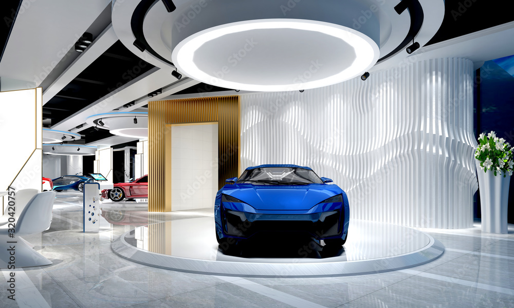 3d render car store, exhibition showroom - obrazy, fototapety, plakaty 