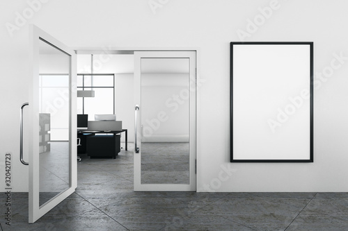 Modern office interior with embty banner on wall.