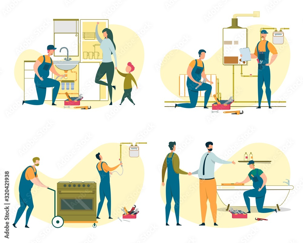 Set of Electricians and Plumbers Doing Orders Set of Electricians and Plumbers Doing Orders