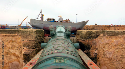Gull on a Cannon in Harbor scala Essaouira Morocco photo