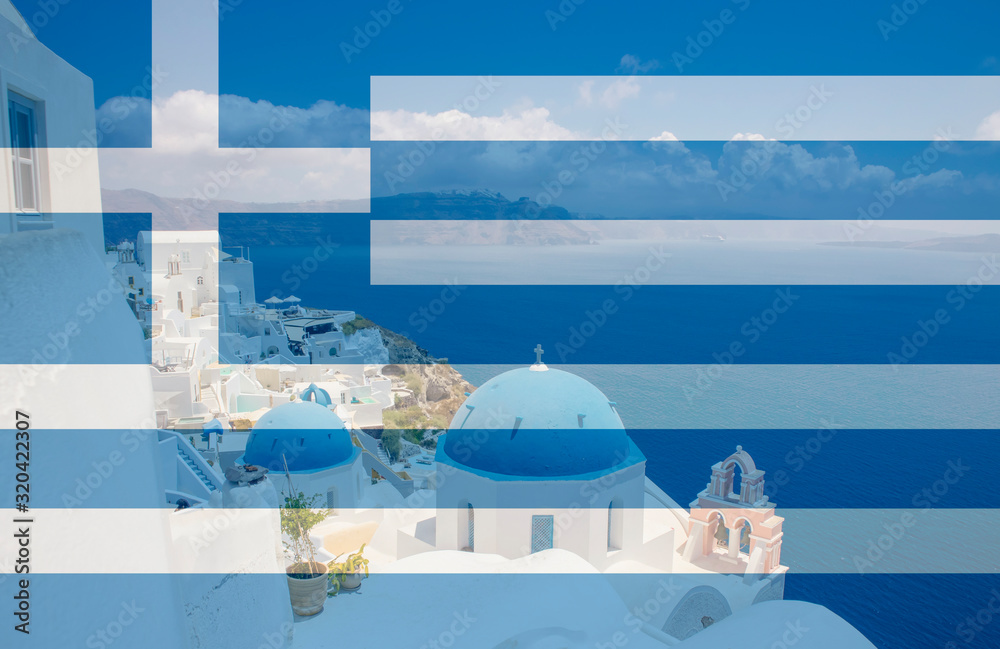 Greece as travel destination concept. Blue dome churches on Santorini island in village Oia, Greece. With transparent Greece flag.