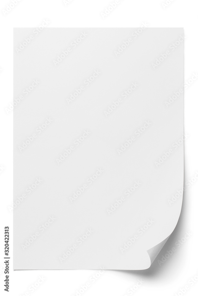 Blank paper sheet with a curved corner, isolated on white background Blank paper sheet with a curved corner, isolated on white background