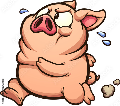 Fat little running pig sweating cartoon. Vector clip art illustration with simple gradients. All on a single layer.