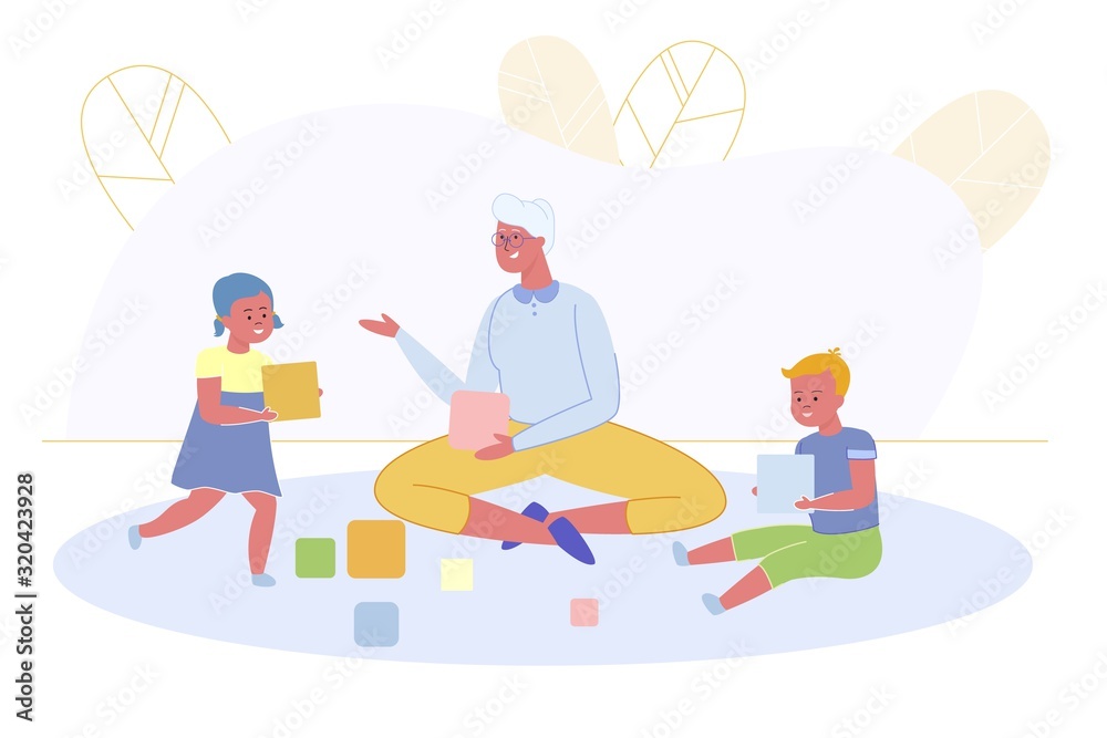 Granny Playing with Little Children Sit on Floor Granny Playing with Little Children Sit on Floor