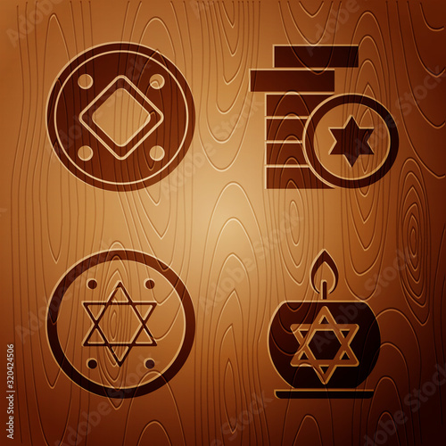 Set Burning candle in candlestick with star of david, Jewish coin, Jewish coin and Jewish coin on wooden background. Vector