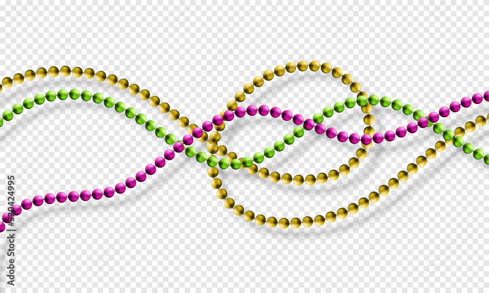 Mardi Gras beads isolated on transparent background in traditional colors purple, gold and green. Fat Tuesday decoration element. Vector illustration