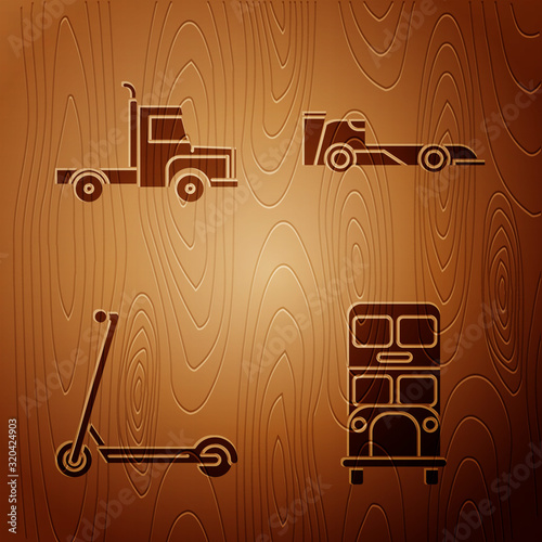 Set Double decker bus, Delivery cargo truck vehicle, Scooter and Formula race car on wooden background. Vector