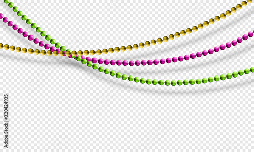 Mardi Gras beads isolated on transparent background in traditional colors purple, gold and green. Fat Tuesday decoration element. Vector illustration