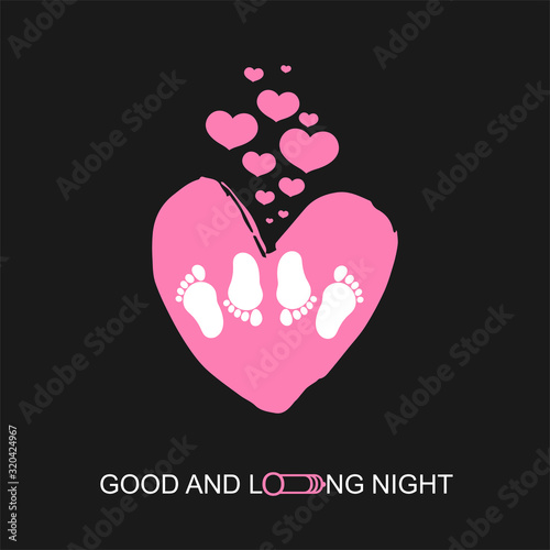 T shirt love symbol print. Men and woman footprint sex position on pink heart background. People erotic feet and funny text good and long night on black background. Vector sexy illustration