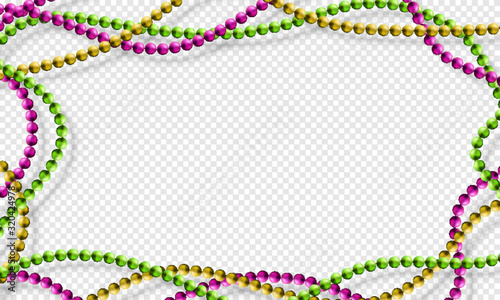 Mardi Gras beads isolated on transparent background in traditional colors purple, gold and green. Fat Tuesday decoration element. Vector illustration