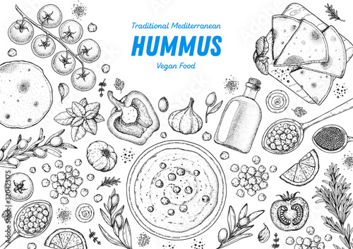 Hummus cooking and ingredients for hummus, sketch illustration. Middle eastern cuisine frame. Healthy food, design elements. Hand drawn, package design. Mediterranean food.