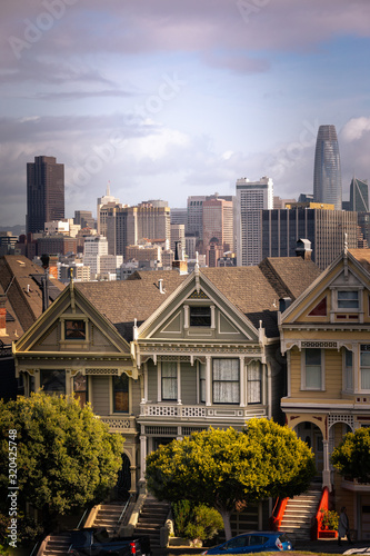 Photography Painted Ladies houses and San Francisco's skyline at the back, California State, United States