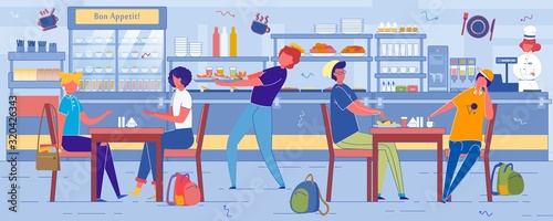 School Children in Self-service Cafe or Eatery.