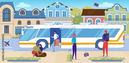 Travel Lovers Getting off Tourist Shuttle Bus