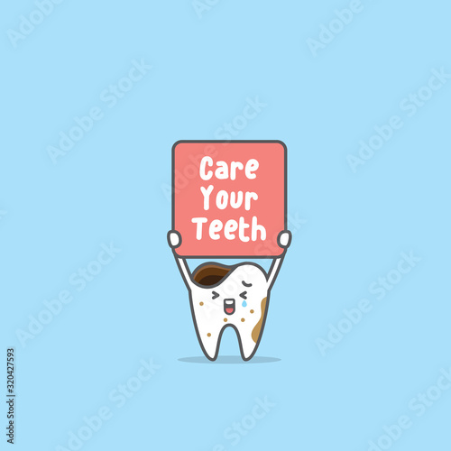 Sad Tooth boy crying and holding the care your teeth sign illustration cartoon character vector design on blue background. Dental concept.