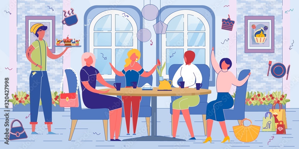 Friend Girls Meeting In Restaurant after Shopping. Friend Girls Meeting In Restaurant after Shopping.