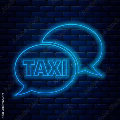 Glowing neon line Taxi call telephone service icon isolated on brick wall background. Speech bubble symbol. Taxi for smartphone. Vector Illustration