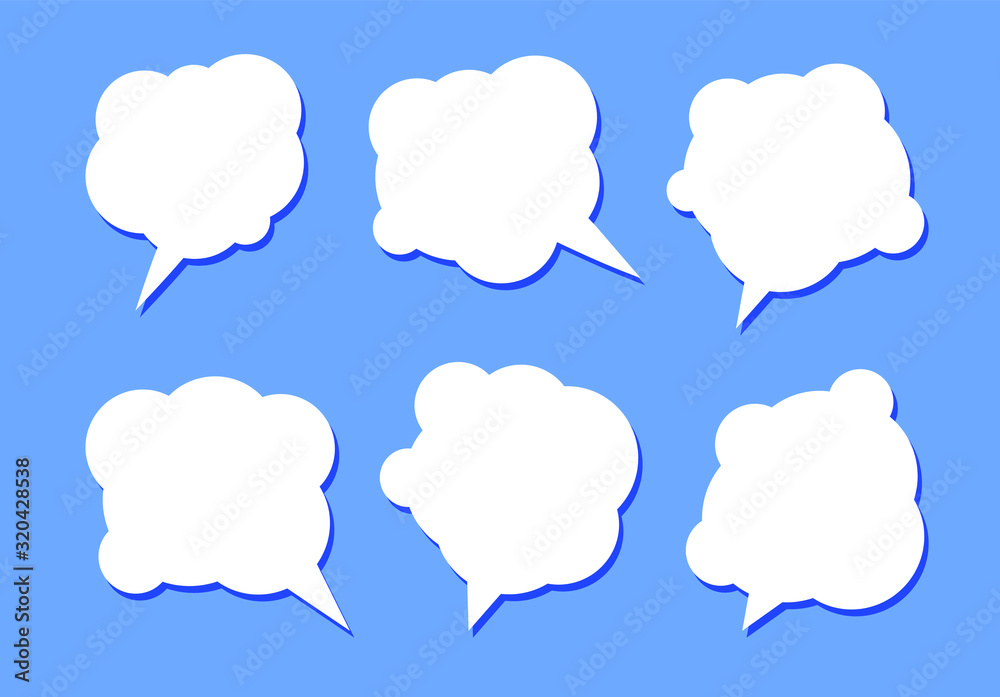 Set of six white speech bubbles with shadow on a blue background. Set of six white speech bubbles with shadow on a blue background.