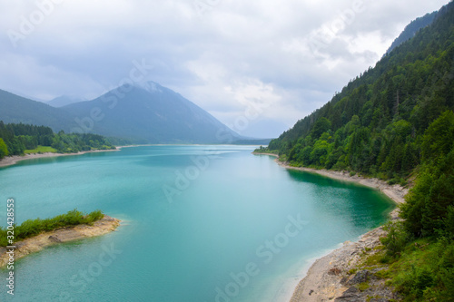 Sylvensteinsee, Baviera / Germany - July 28, 2019: Lake view in the Germany Alps route