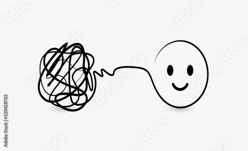 Doodle symbol of difficult and complex task, clew of thread and symbol of solved problem circle with smiling face, solving complicated task, vector isolated symbol for presentation, business and web