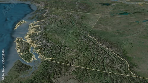 British Columbia, province with its capital, zoomed and extruded on the satellite map of Canada in the conformal Stereographic projection. Animation 3D