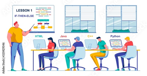 Programming Lesson in Class, Vector Illustration.