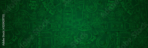 Green Patricks Day greeting banner with green clovers, beer mug, beer bottle, horseshoe, hat, pipe. Horizontal background, headers, posters, cards, website. Vector illustration
