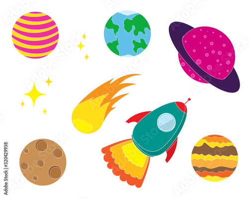 Vector icons of cartoon rocket ship and planets.
