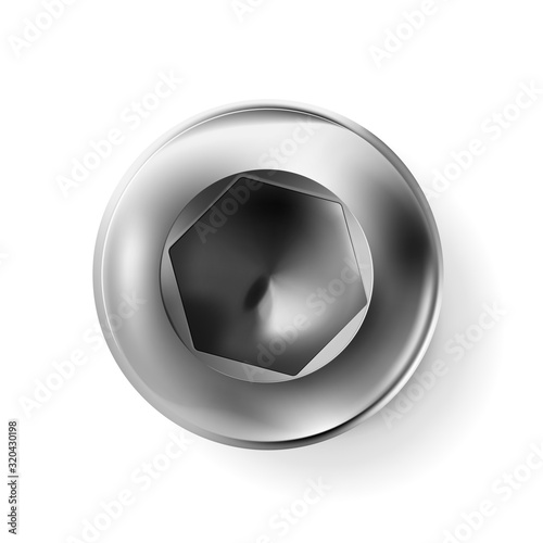 Metal imbus screw, bolt with a cylindrical head. Shiny cap twisted in surface isolated on white background. Macro chrome top view of wide a hat metalwares. Vector illustration.
