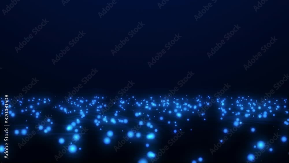 Falling and bouncing glowing spheres abstract background. Futuristic blue colored particle backdrop. 