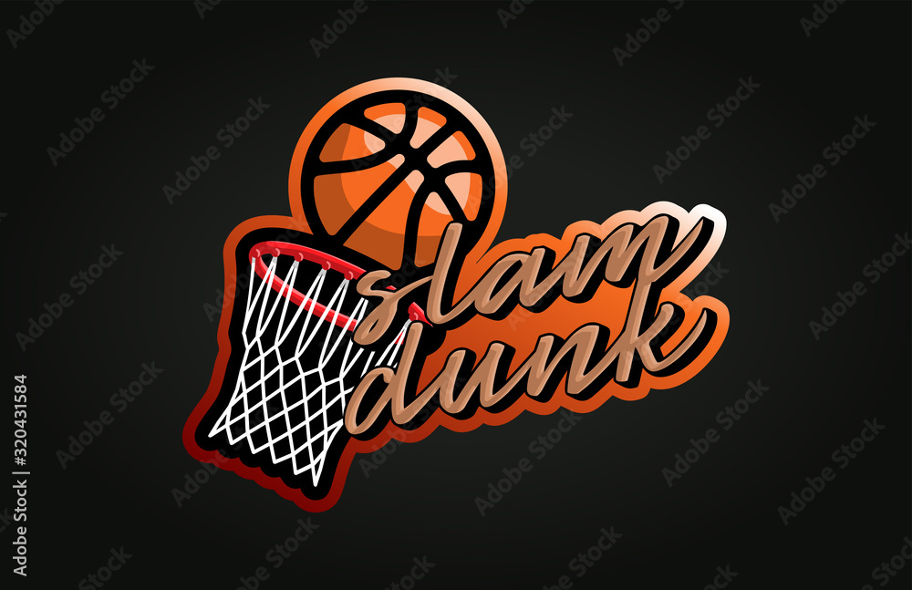 Vector Typography basketball slam dunk sport retro style sticker emblem and  template logo design. Funny greetings for clothes, card, badge, icon,  postcard, banner, tag, stickers, print Stock Vector