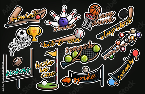 Sport vector sticker illustration. Professional sporty Typography sticker illustration in retro style. Vector design emblem, badge and template logo design collection