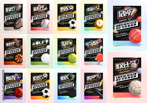 Sport Flyer Ad Mega Set Vector. Ice Hockey, Basketball, Tennis, Soccer, gym, billiard, bowling football emblem logo. Design For Sport Bar Promotion Template. A4 Size. Championship Flyer Illustration