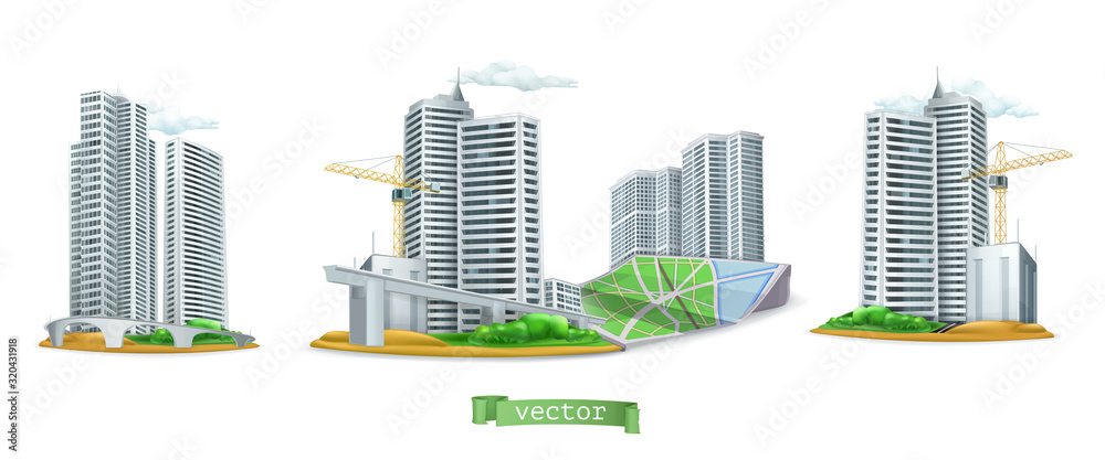 City. Buildings 3d vector icon set