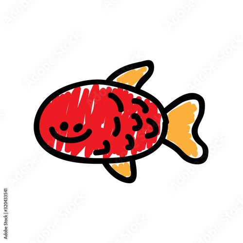 Red fish in a deliberately childish style. Child drawing. Sketch imitation painting felt-tip pen or marker. Vector illustration.