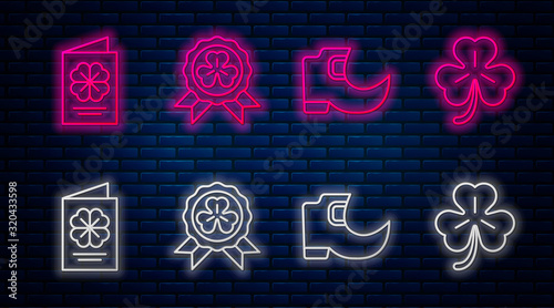 Set line Medal with four leaf clover, Tradition leprechaun boots, Saint Patricks Day flyer, brochure, postcard and Four leaf clover. Glowing neon icon on brick wall. Vector