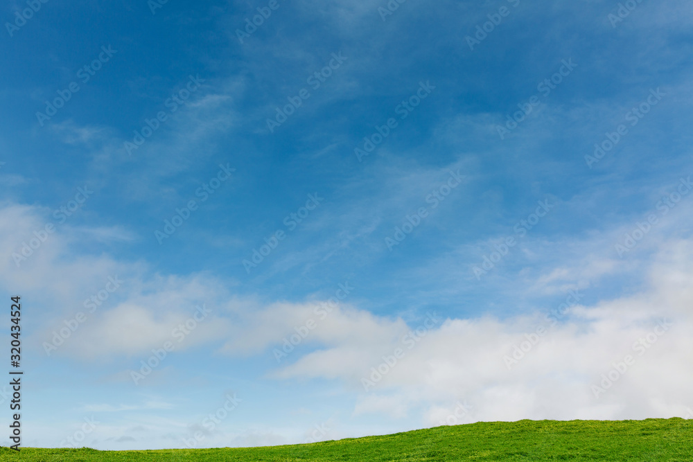 Idyllic green pastoral field with blue sky and clouds / copy space for text Idyllic green pastoral field with blue sky and clouds / copy space for text